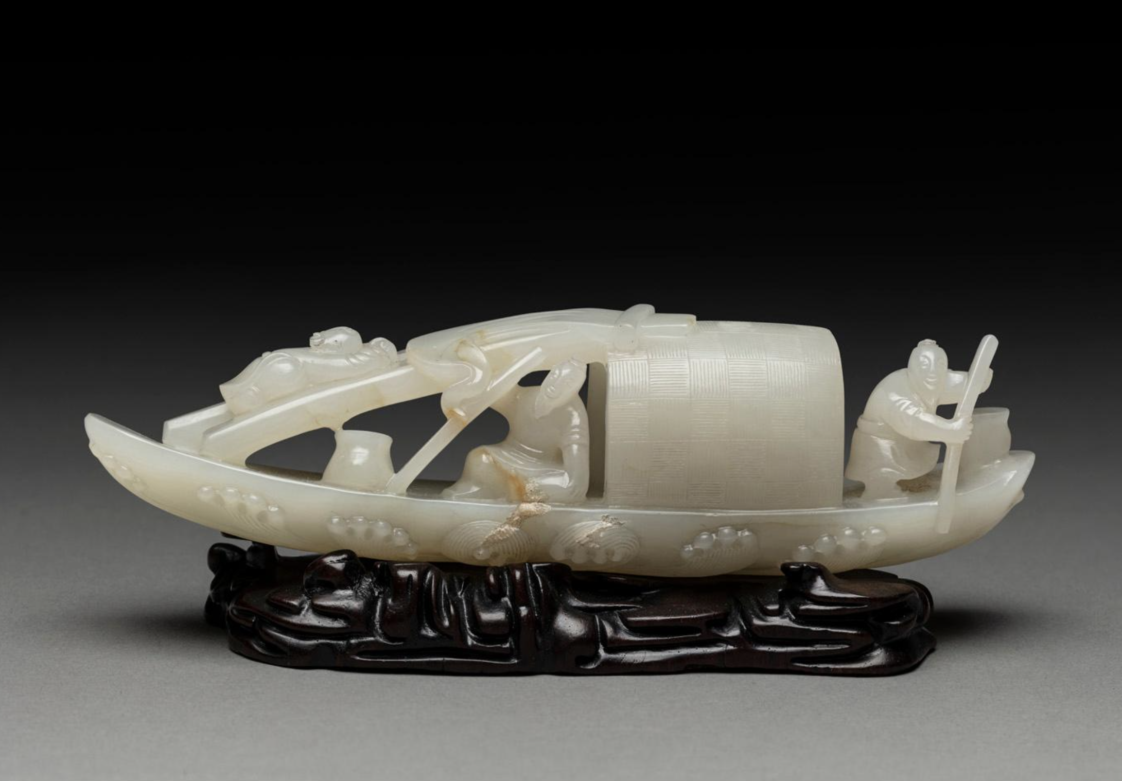 清代 白玉雕渔翁行船